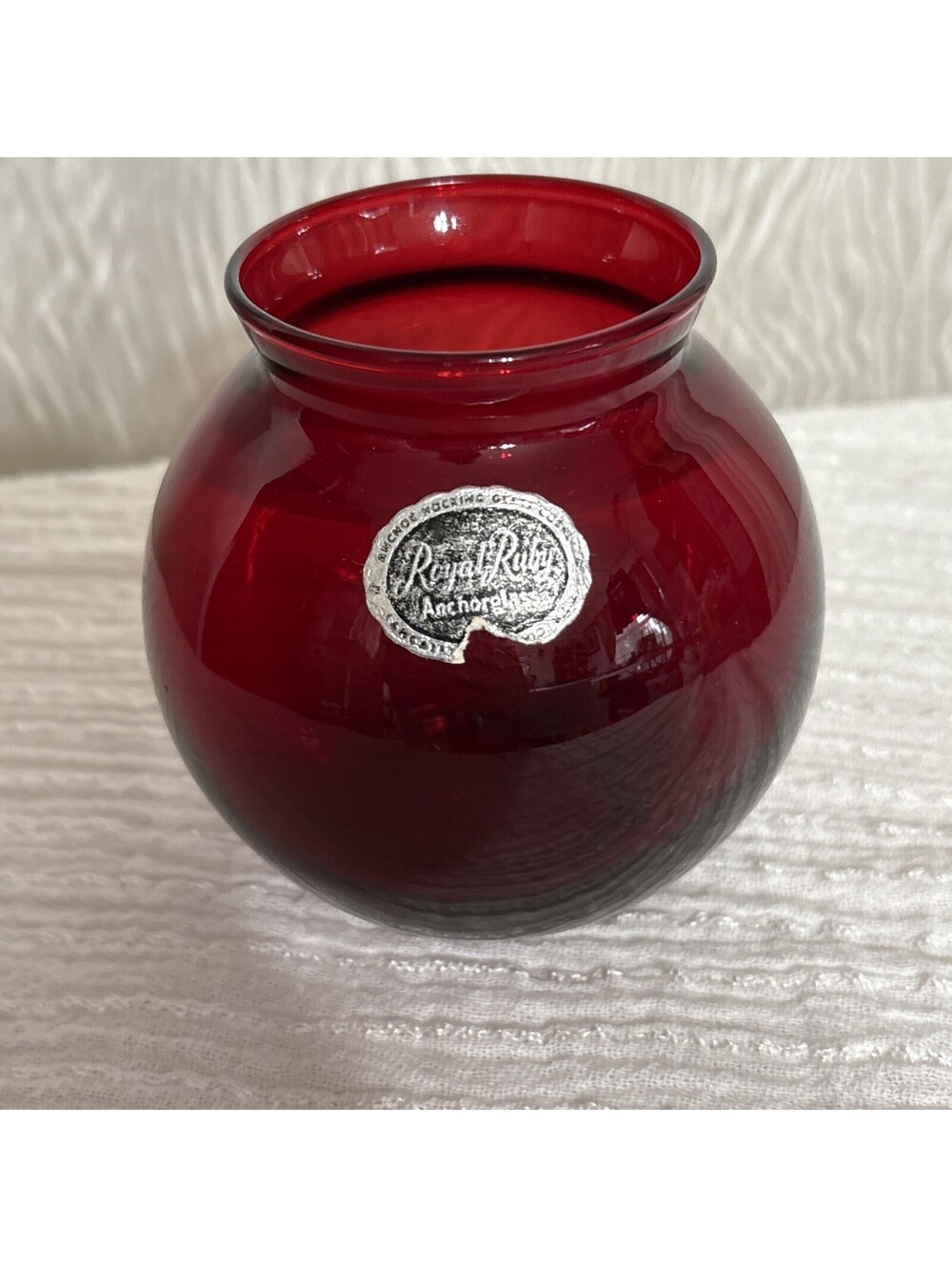 Vtg ANCHOR HOCKING ROYAL RUBY ANCHORGLASS RED GLASS BALL VASE CANDLE HOLDER 4"